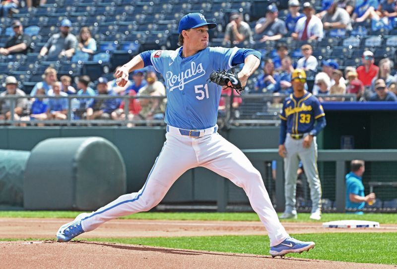 May 8, 2024; Kansas City, Missouri, USA;  Kansas City Royals starting pitcher Brady Singer (51) delivers a pitch in the first inning against the Milwaukee Brewers at Kauffman Stadium. Mandatory Credit: Peter Aiken-USA TODAY Sports