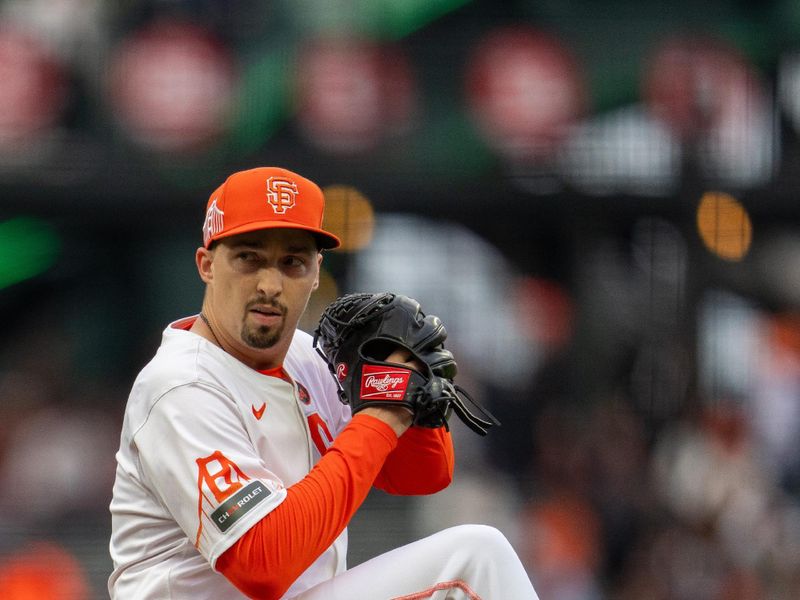 Jul 9, 2024; San Francisco, California, USA;  San Francisco Giants starting pitcher Blake Snell (7) delivers a pitch against the Toronto Blue Jays during the first inning at Oracle Park. Mandatory Credit: Neville E. Guard-USA TODAY Sports