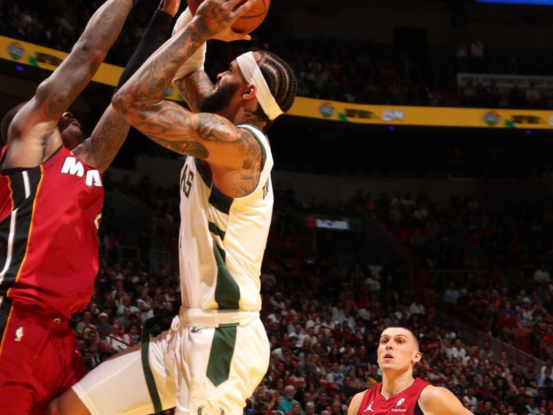 MIAMI, FL - NOVEMBER 26: Gary Trent Jr. #5 of the Milwaukee Bucks drives to the basket during the game against the Miami Heat during the Emirates NBA Cup game on November 26, 2024 at Kaseya Center in Miami, Florida. NOTE TO USER: User expressly acknowledges and agrees that, by downloading and or using this Photograph, user is consenting to the terms and conditions of the Getty Images License Agreement. Mandatory Copyright Notice: Copyright 2024 NBAE (Photo by Issac Baldizon/NBAE via Getty Images)