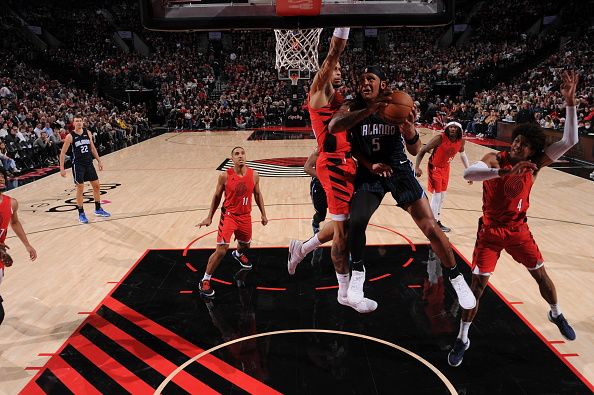 PORTLAND, OR - OCTOBER 27: Paolo Banchero #5 of the Orlando Magic drives to the basket during the game against the Portland Trail Blazers on October 27, 2023 at the Moda Center Arena in Portland, Oregon. NOTE TO USER: User expressly acknowledges and agrees that, by downloading and or using this photograph, user is consenting to the terms and conditions of the Getty Images License Agreement. Mandatory Copyright Notice: Copyright 2023 NBAE (Photo by Cameron Browne/NBAE via Getty Images)