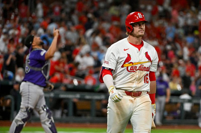 Jun 6, 2024; St. Louis, Missouri, USA;  St. Louis Cardinals second baseman Nolan Gorman (16) walks back to the dugout after striking out to end the game against the Colorado Rockies at Busch Stadium. Mandatory Credit: Jeff Curry-USA TODAY Sports