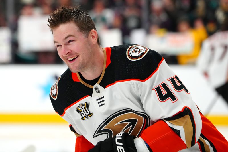 Apr 18, 2024; Las Vegas, Nevada, USA; Anaheim Ducks left wing Ross Johnston (44) warms up before the start of a game against the Vegas Golden Knights at T-Mobile Arena. Mandatory Credit: Stephen R. Sylvanie-USA TODAY Sports