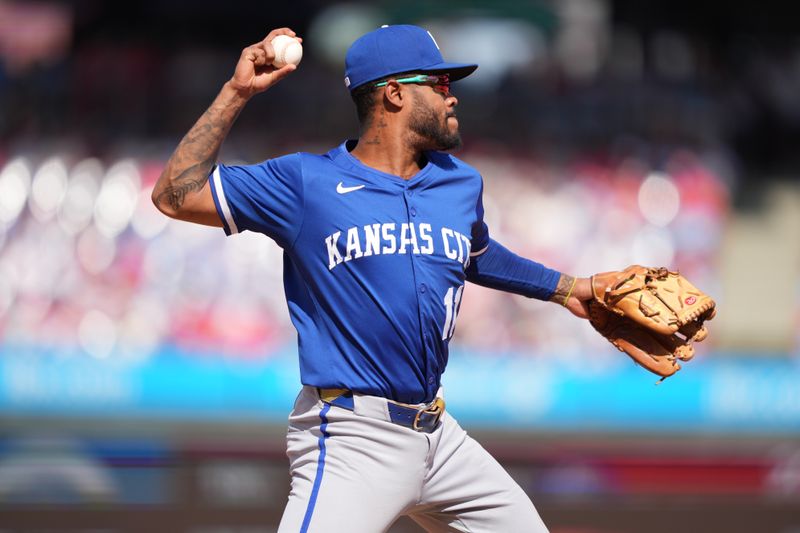 Sep 14, 2025; Philadelphia, Pennsylvania, USA; Kansas City Royals infielder Maikel Garcia (11) throws to first against the Philadelphia Phillies in the fifth inning at Citizens Bank Park. Mandatory Credit: Kyle Ross-Imagn Images