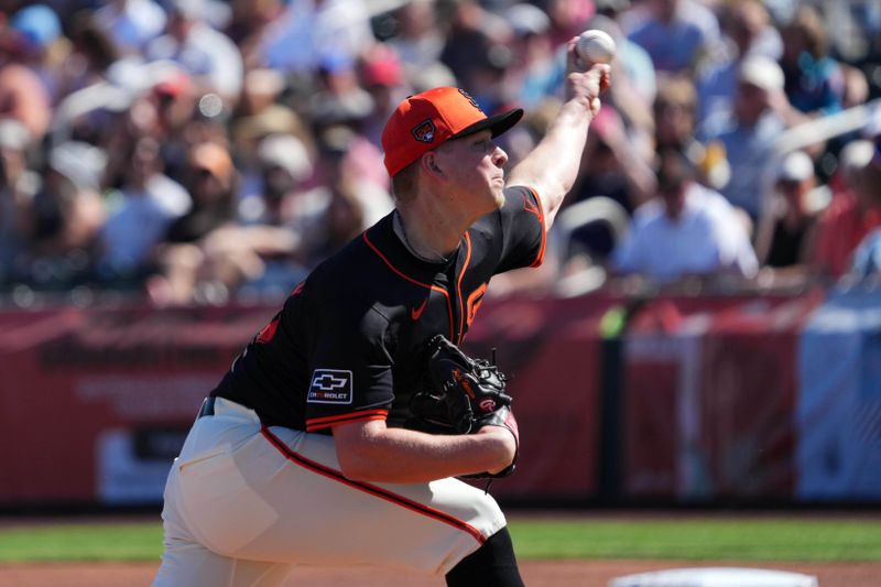 Mar 1, 2024; Scottsdale, Arizona, USA; San Francisco Giants starting pitcher Kyle Harrison (45) pitches against the Texas Rangers during the first inning at Scottsdale Stadium. Mandatory Credit: Joe Camporeale-USA TODAY Sports