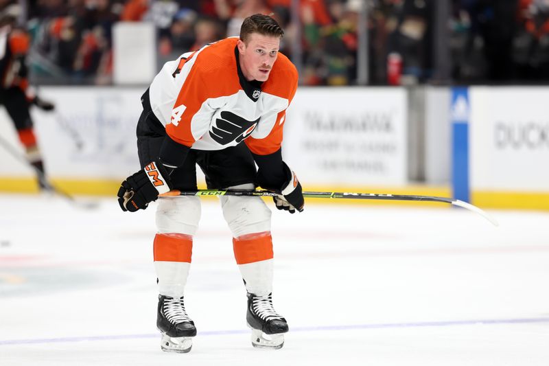 Nov 10, 2023; Anaheim, California, USA; Philadelphia Flyers defenseman Nick Seeler (24) warms up before the game against the Anaheim Ducks at Honda Center. Mandatory Credit: Kiyoshi Mio-USA TODAY Sports