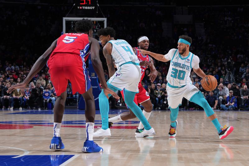 PHILADELPHIA, PA - MARCH 1: Seth Curry #30 of the Charlotte Hornets dribbles the ball during the game against the Philadelphia 76ers on March 1, 2024 at the Wells Fargo Center in Philadelphia, Pennsylvania NOTE TO USER: User expressly acknowledges and agrees that, by downloading and/or using this Photograph, user is consenting to the terms and conditions of the Getty Images License Agreement. Mandatory Copyright Notice: Copyright 2024 NBAE (Photo by Jesse D. Garrabrant/NBAE via Getty Images)