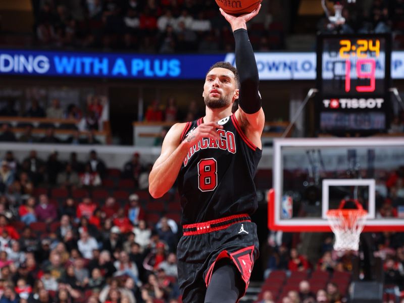 CHICAGO, IL - NOVEMBER 22: Zach LaVine #8 of the Chicago Bulls shoots the ball during the game against the Atlanta Hawks during the Emirates NBA Cup game on November 22, 2024 at United Center in Chicago, Illinois. NOTE TO USER: User expressly acknowledges and agrees that, by downloading and or using this photograph, User is consenting to the terms and conditions of the Getty Images License Agreement. Mandatory Copyright Notice: Copyright 2024 NBAE (Photo by Jeff Haynes/NBAE via Getty Images)