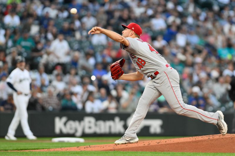 Sep 11, 2023; Seattle, Washington, USA; Los Angeles Angels starting pitcher Reid Detmers (48) pitches to the Seattle Mariners during the first inning at T-Mobile Park. Mandatory Credit: Steven Bisig-USA TODAY Sports
