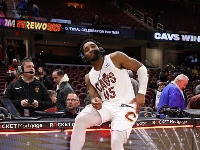 CLEVELAND, OH - DECEMBER 18: Donovan Mitchell #45 of the Cleveland Cavaliers after the game against the Houston Rockets on December 18, 2023 at Rocket Mortgage FieldHouse in Cleveland, Ohio. NOTE TO USER: User expressly acknowledges and agrees that, by downloading and/or using this Photograph, user is consenting to the terms and conditions of the Getty Images License Agreement. Mandatory Copyright Notice: Copyright 2023 NBAE (Photo by  Lauren Leigh Bacho/NBAE via Getty Images)