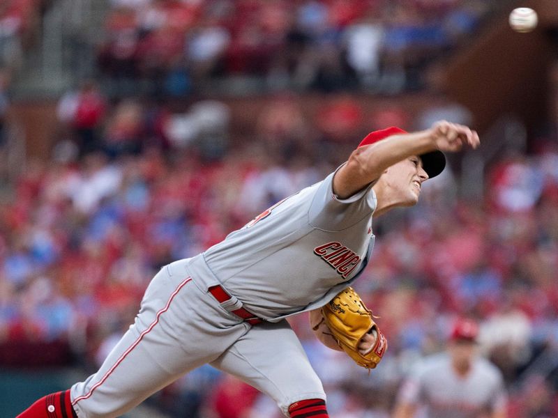 Sep 30, 2023; St. Louis, Missouri, USA;  Cincinnati Reds starting pitcher Connor Phillips (34) pitches against the St. Louis Cardinals at Busch Stadium. Mandatory Credit: Zach Dalin-USA TODAY Sports