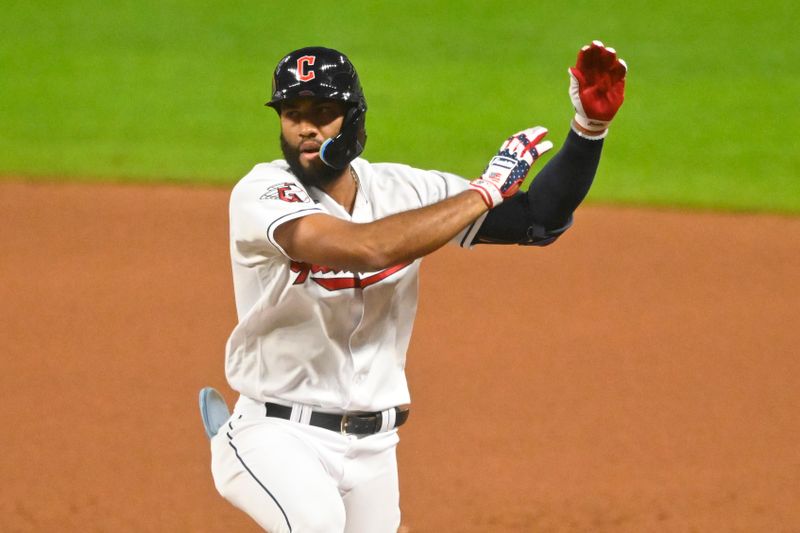 Jul 4, 2023; Cleveland, Ohio, USA; Cleveland Guardians shortstop Amed Rosario (1) celebrates his RBI single in the seventh inning against the Atlanta Braves at Progressive Field. Mandatory Credit: David Richard-USA TODAY Sports