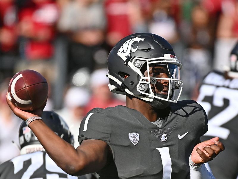 Sep 24, 2022; Pullman, Washington, USA; Washington State Cougars quarterback Cameron Ward (1) throws a pass against the Oregon Ducks in the second half at Gesa Field at Martin Stadium. Ducks won 44-41. Mandatory Credit: James Snook-USA TODAY Sports