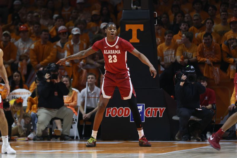 Jan 20, 2024; Knoxville, Tennessee, USA; Alabama Crimson Tide forward Nick Pringle (23) during the first half against the Tennessee Volunteers at Thompson-Boling Arena at Food City Center. Mandatory Credit: Randy Sartin-USA TODAY Sports