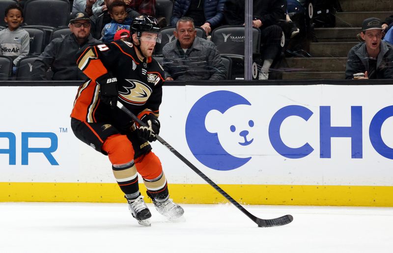 Mar 24, 2024; Anaheim, California, USA; Anaheim Ducks defenseman Cam Fowler (4) during the second period against the Tampa Bay Lightning at Honda Center. Mandatory Credit: Jason Parkhurst-USA TODAY Sports