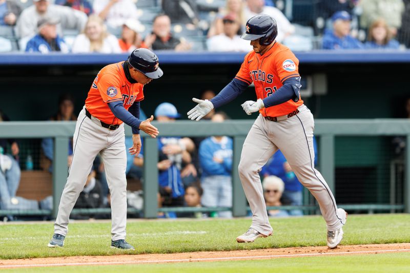 Apr 27, 2025; Kansas City, Missouri, USA; Houston Astros catcher Yainer Diaz (21) rounds the bases after hitting a home run during the seventh inning against the Kansas City Royals  at Kauffman Stadium. Mandatory Credit: William Purnell-Imagn Images