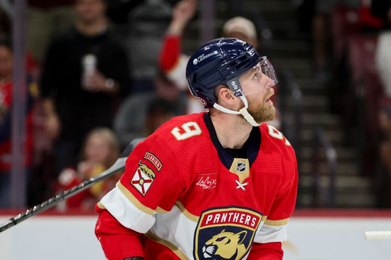 Jan 15, 2024; Sunrise, Florida, USA; Florida Panthers center Sam Bennett (9) looks on after scoring against the Anaheim Ducks during the second period at Amerant Bank Arena. Mandatory Credit: Sam Navarro-USA TODAY Sports