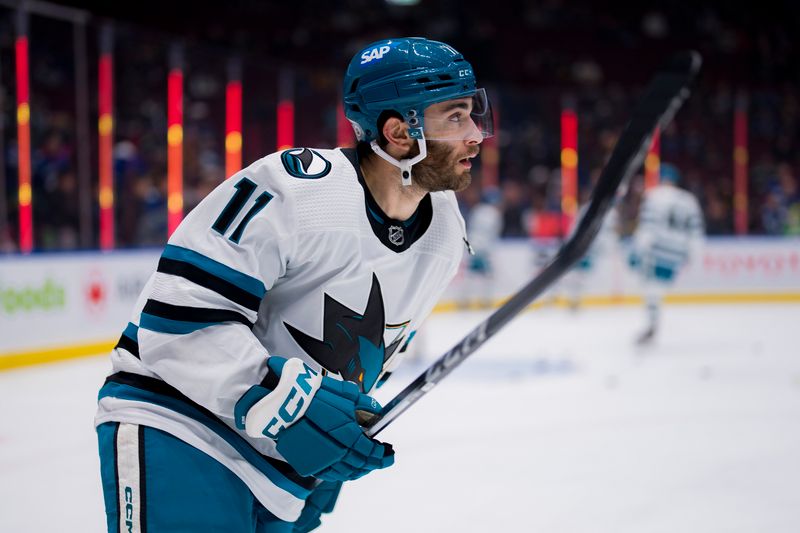 Dec 23, 2023; Vancouver, British Columbia, CAN; San Jose Sharks forward Luke Kunin (11) skates during warm up prior to a game against the Vancouver Canucks at Rogers Arena. Mandatory Credit: Bob Frid-USA TODAY Sports