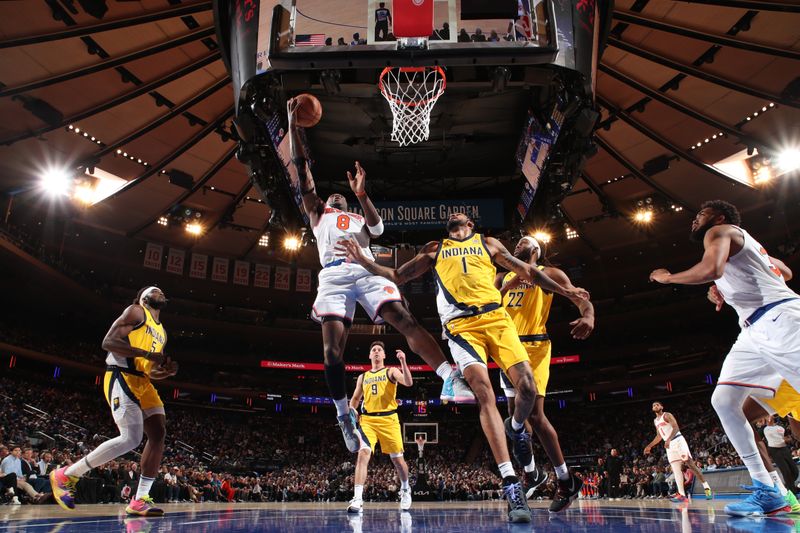 NEW YORK, NY - OCTOBER 25: OG Anunoby #8 of the New York Knicks drives to the basket during the game against the Indiana Pacers on October 25, 2024 at Madison Square Garden in New York City, New York.  NOTE TO USER: User expressly acknowledges and agrees that, by downloading and or using this photograph, User is consenting to the terms and conditions of the Getty Images License Agreement. Mandatory Copyright Notice: Copyright 2024 NBAE  (Photo by David L. Nemec/NBAE via Getty Images)