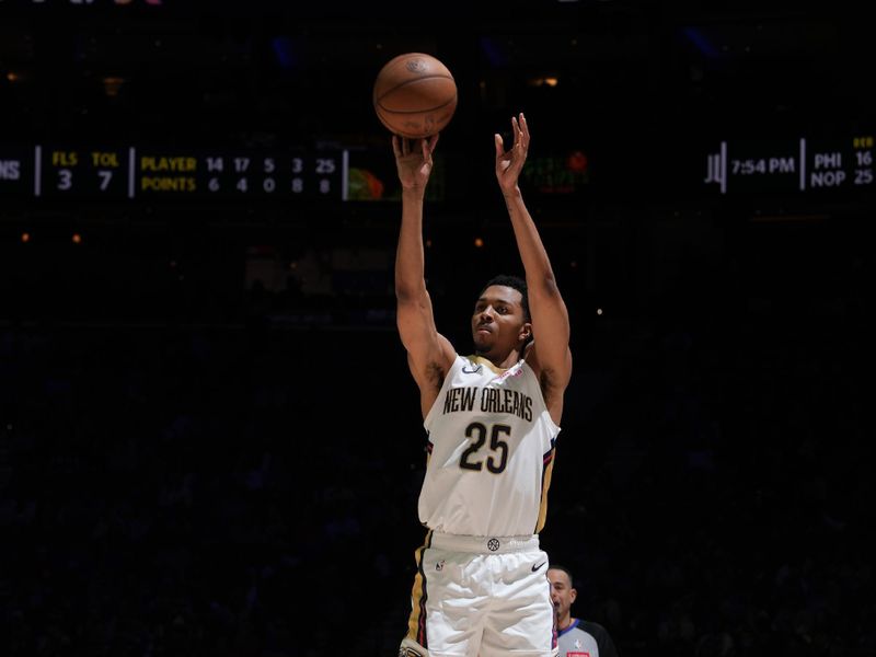 PHILADELPHIA, PA - MARCH 8:  Trey Murphy III #25 of the New Orleans Pelicans shoots the ball during the game against the Philadelphia 76ers on March 8, 2024 at the Wells Fargo Center in Philadelphia, Pennsylvania NOTE TO USER: User expressly acknowledges and agrees that, by downloading and/or using this Photograph, user is consenting to the terms and conditions of the Getty Images License Agreement. Mandatory Copyright Notice: Copyright 2024 NBAE (Photo by Jesse D. Garrabrant/NBAE via Getty Images)