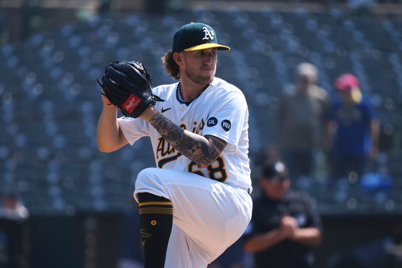 Sep 20, 2023; Oakland, California, USA; Oakland Athletics starting pitcher Joey Estes (68) pitches against the Seattle Mariners during the first inning at Oakland-Alameda County Coliseum. Mandatory Credit: Kelley L Cox-USA TODAY Sports