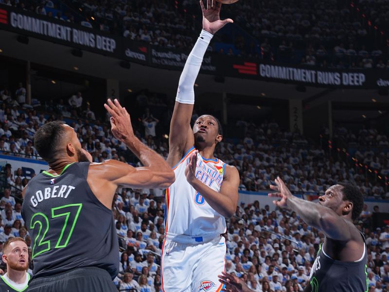 OKLAHOMA CITY, OK - MAY 20: Jalen Williams #8 of the Oklahoma City Thunder shoots the ball during the game against the Minnesota Timberwolves during Game One of the Western Conference Finals on May 20, 2025 at Paycom Center in Oklahoma City, Oklahoma. NOTE TO USER: User expressly acknowledges and agrees that, by downloading and or using this photograph, User is consenting to the terms and conditions of the Getty Images License Agreement. Mandatory Copyright Notice: Copyright 2025 NBAE (Photo by Garrett Ellwood/NBAE via Getty Images)