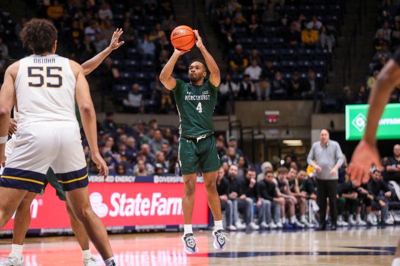 Nov 30, 2025; Morgantown, West Virginia, USA; Mercyhurst Lakers guard Bernie Blunt (4) shoots a three pointer during the first half against the West Virginia Mountaineers at Hope Coliseum. Mandatory Credit: Ben Queen-Imagn Images