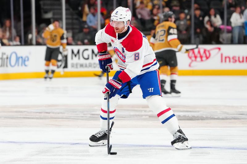 Nov 26, 2025; Las Vegas, Nevada, USA; MontrÈal Canadiens defenseman Mike Matheson (8) warms up before a game against the Vegas Golden Knights at T-Mobile Arena. Mandatory Credit: Stephen R. Sylvanie-Imagn Images