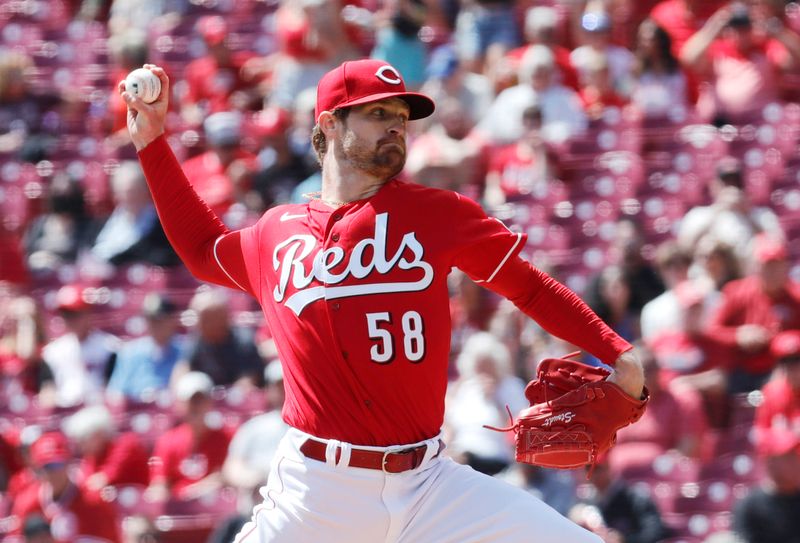 Apr 19, 2023; Cincinnati, Ohio, USA; Cincinnati Reds starting pitcher Levi Stoudt (58) throws against the Tampa Bay Rays during the first inning at Great American Ball Park. Mandatory Credit: David Kohl-USA TODAY Sports