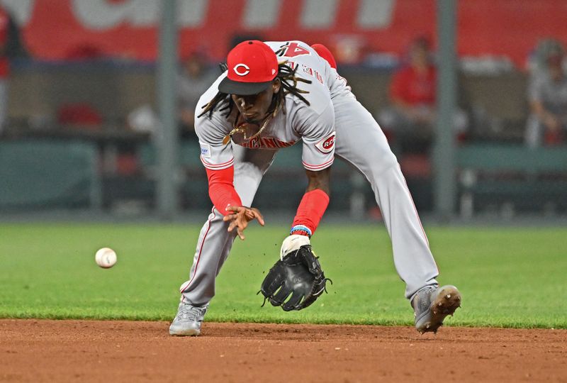 Jun 14, 2023; Kansas City, Missouri, USA;  Cincinnati Reds shortstop Elly De La Cruz (44) fields a ground ball in the eighth inning against the Kansas City Royals at Kauffman Stadium. Mandatory Credit: Peter Aiken-USA TODAY Sports