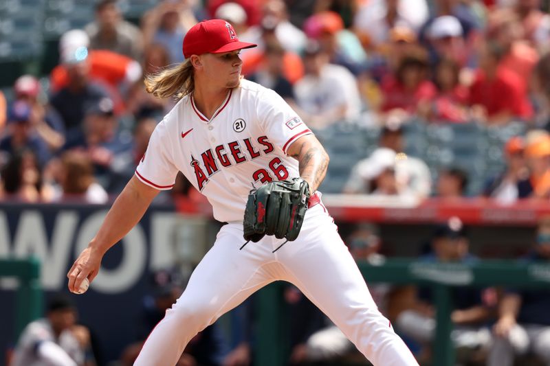 Sep 15, 2024; Anaheim, California, USA;  Los Angeles Angels starting pitcher Caden Dana (36) pitches during the first inning against the Houston Astros at Angel Stadium. Mandatory Credit: Kiyoshi Mio-Imagn Images