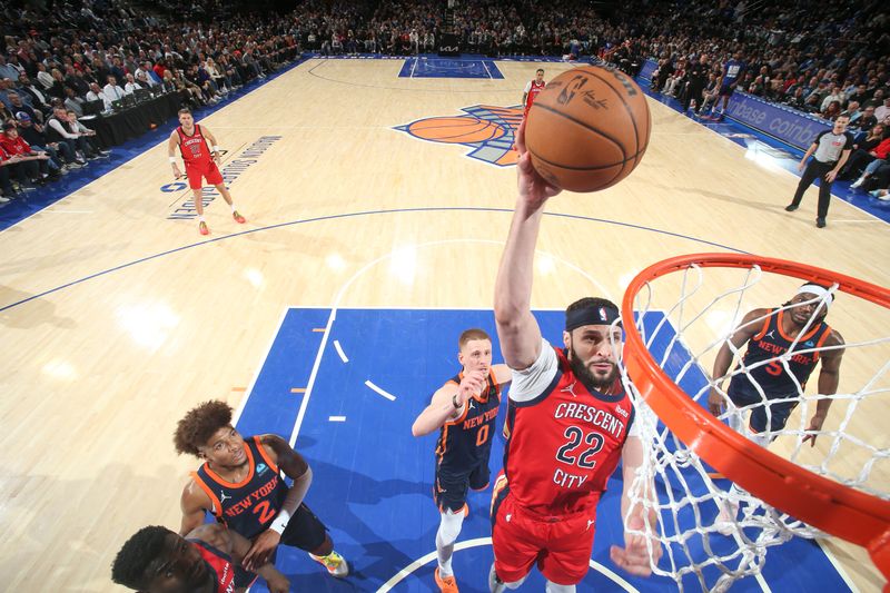 NEW YORK, NY - FEBRUARY 27:  Larry Nance Jr. #22 of the New Orleans Pelicans goes to the basket during the game on February 27, 2024 at Madison Square Garden in New York City, New York.  NOTE TO USER: User expressly acknowledges and agrees that, by downloading and or using this photograph, User is consenting to the terms and conditions of the Getty Images License Agreement. Mandatory Copyright Notice: Copyright 2024 NBAE  (Photo by Nathaniel S. Butler/NBAE via Getty Images)