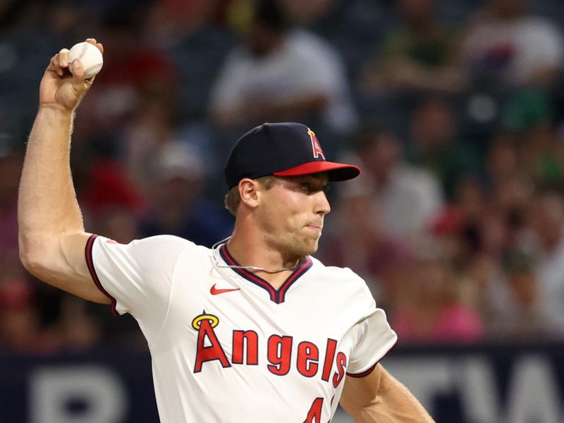 Jul 25, 2024; Anaheim, California, USA;  Los Angeles Angels relief pitcher Ben Joyce (44) pitches during the seventh inning against the Oakland Athletics at Angel Stadium. Mandatory Credit: Kiyoshi Mio-USA TODAY Sports