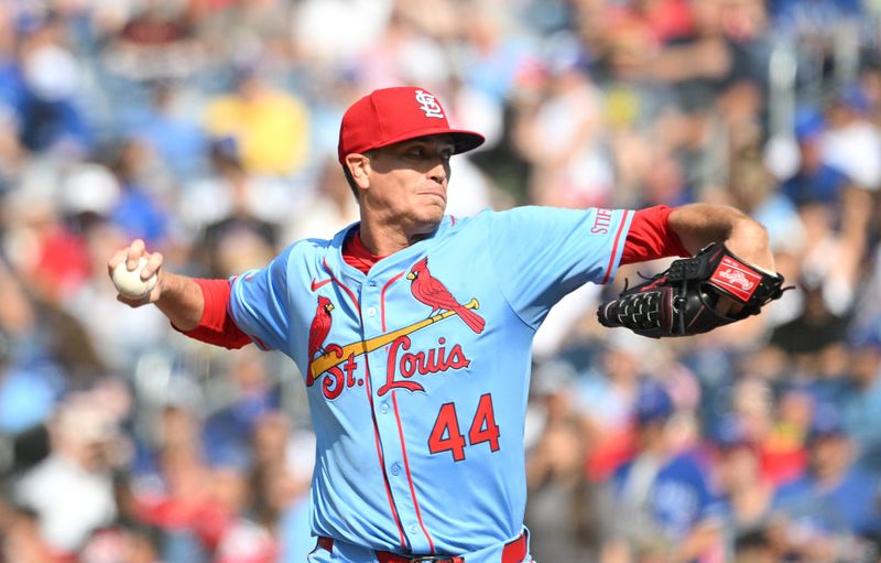 Sep 14, 2024; Toronto, Ontario, CAN;  St. Louis Cardinals starting pitcher Kyle Gibson (44) delivers a pitch against the Toronto Blue Jays in the first inning at Rogers Centre. Mandatory Credit: Dan Hamilton-Imagn Images