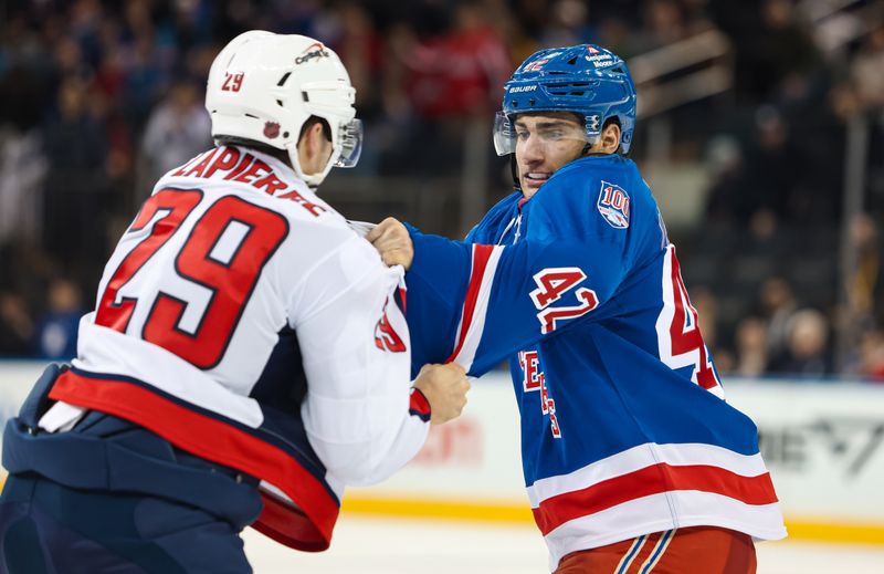 Apr 5, 2026; New York, New York, USA; New York Rangers center Noah Laba (42) fights with Washington Capitals center Hendrix Lapierre (29) during the third period at Madison Square Garden. Mandatory Credit: Danny Wild-Imagn Images Apr 5, 2026; New York, New York, USA; New York Rangers center Noah Laba (42) fights with Washington Capitals center Hendrix Lapierre (29) during the third period at Madison Square Garden. Mandatory Credit: Danny Wild-Imagn Images
