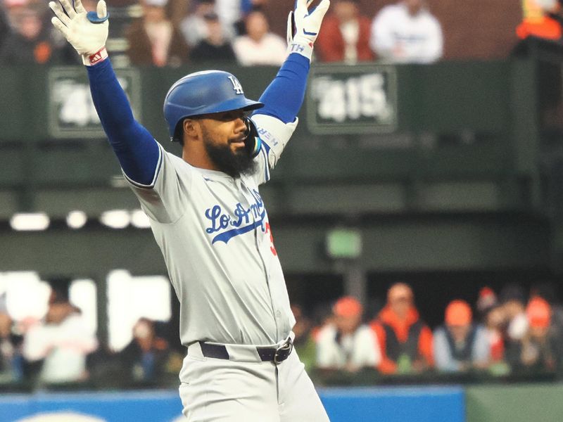 May 14, 2024; San Francisco, California, USA; Los Angeles Dodgers left fielder Teoscar Hernandez (37) gestures after hitting an RBI double against the San Francisco Giants during the fourth inning at Oracle Park. Mandatory Credit: Kelley L Cox-USA TODAY Sports