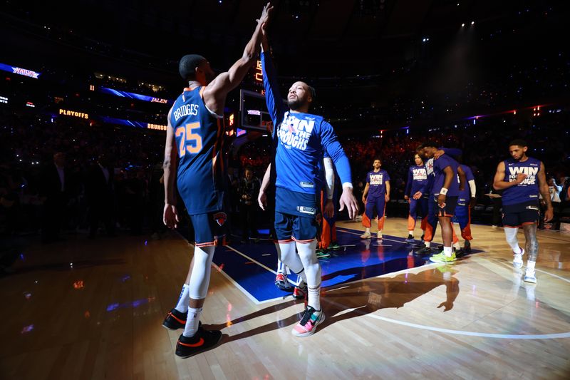 NEW YORK, NY - APRIL 21: Jalen Brunson #11 of the New York Knicks is introduced before the game against the Detroit Pistons during Round 1 Game 2 of the 2025 NBA Playoffs on April 21, 2025 at Madison Square Garden in New York City, New York.  NOTE TO USER: User expressly acknowledges and agrees that, by downloading and or using this photograph, User is consenting to the terms and conditions of the Getty Images License Agreement. Mandatory Copyright Notice: Copyright 2025 NBAE  (Photo by Nathaniel S. Butler/NBAE via Getty Images)