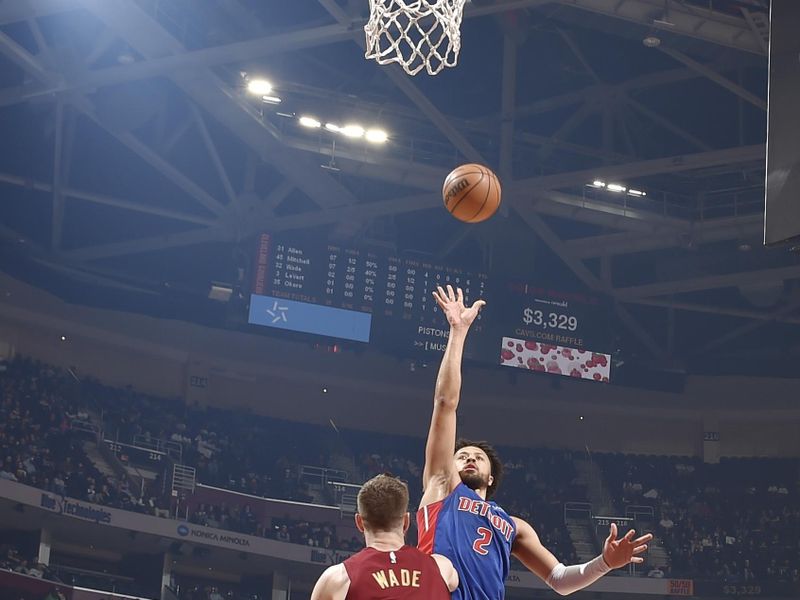 CLEVELAND, OH - JANUARY 31: Cade Cunningham #2 of the Detroit Pistons shoots the ball during the game against the Cleveland Cavaliers on January 31, 2024 at Rocket Mortgage FieldHouse in Cleveland, Ohio. NOTE TO USER: User expressly acknowledges and agrees that, by downloading and/or using this Photograph, user is consenting to the terms and conditions of the Getty Images License Agreement. Mandatory Copyright Notice: Copyright 2024 NBAE (Photo by David Liam Kyle/NBAE via Getty Images)