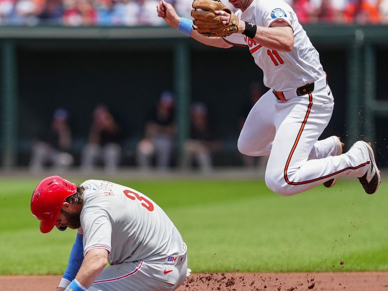 Jun 16, 2024; Baltimore, Maryland, USA; Philadelphia Phillies first baseman Bryce Harper (3) slides back safely on a pick offf throw to Baltimore Orioles second baseman Jordan Westburg (11) that goes into center field during the first inning at Oriole Park at Camden Yards. Mandatory Credit: Gregory Fisher-USA TODAY Sports