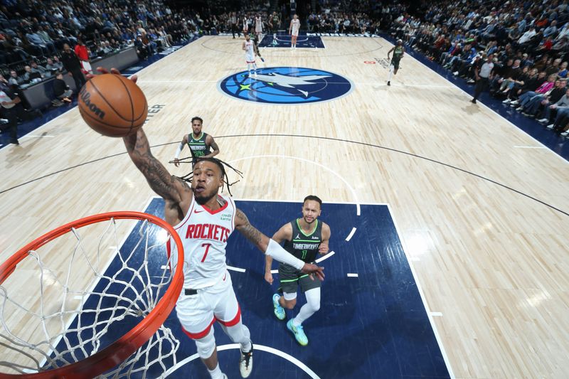 MINNEAPOLIS, MN -  APRIL 2:  Cam Whitmore #7 of the Houston Rockets dunks the ball during the game against the Minnesota Timberwolves on April 2, 2024 at Target Center in Minneapolis, Minnesota. NOTE TO USER: User expressly acknowledges and agrees that, by downloading and or using this Photograph, user is consenting to the terms and conditions of the Getty Images License Agreement. Mandatory Copyright Notice: Copyright 2024 NBAE (Photo by David Sherman/NBAE via Getty Images)