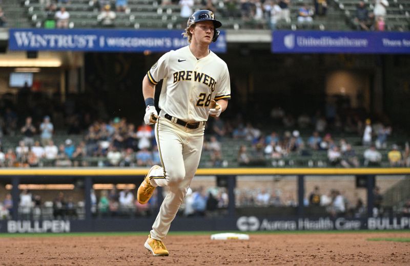 May 23, 2023; Milwaukee, Wisconsin, USA; Milwaukee Brewers right fielder Joey Wiemer (28) rounds the base after hitting a home run against the Houston Astros in the third inning at American Family Field. Mandatory Credit: Michael McLoone-USA TODAY Sports