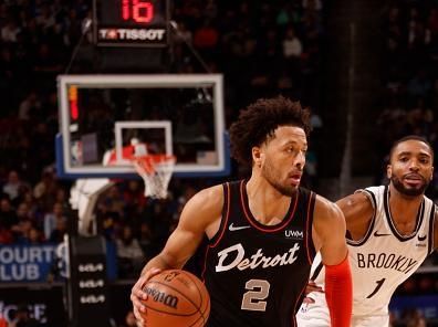 DETROIT, MI - DECEMBER 26:  Cade Cunningham #2 of the Detroit Pistons handles the ball during the game against the Brooklyn Nets on December 26, 2023 at Little Caesars Arena in Detroit, Michigan. NOTE TO USER: User expressly acknowledges and agrees that, by downloading and/or using this photograph, User is consenting to the terms and conditions of the Getty Images License Agreement. Mandatory Copyright Notice: Copyright 2023 NBAE (Photo by Brian Sevald/NBAE via Getty Images)