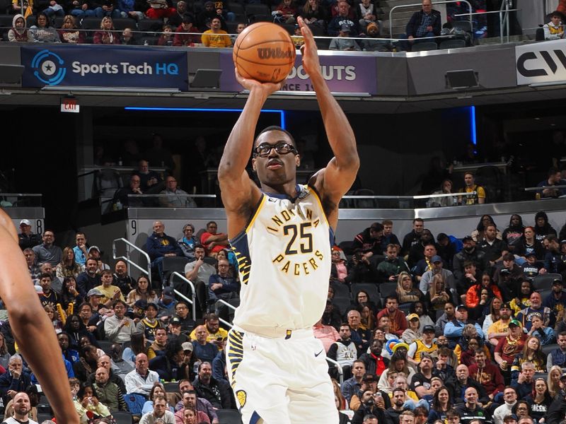 INDIANAPOLIS, IN - MARCH 18:  Jalen Smith #25 of the Indiana Pacers shoots the ball during the game  on March 18, 2024 at Gainbridge Fieldhouse in Indianapolis, Indiana. NOTE TO USER: User expressly acknowledges and agrees that, by downloading and or using this Photograph, user is consenting to the terms and conditions of the Getty Images License Agreement. Mandatory Copyright Notice: Copyright 2024 NBAE (Photo by Ron Hoskins/NBAE via Getty Images)