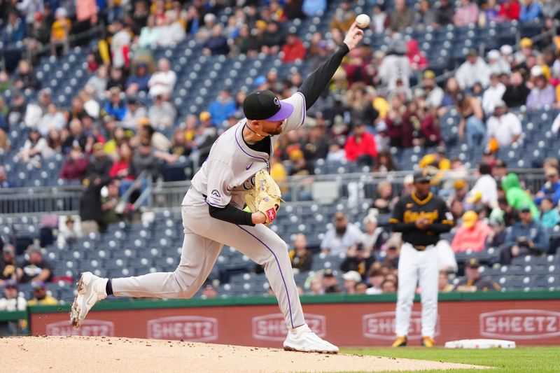 May 4, 2024; Pittsburgh, Pennsylvania, USA; Colorado Rockies pitcher Austin Gomber (26) delivers a pitch against the Pittsburgh Pirates during the first inning at PNC Park. Mandatory Credit: Gregory Fisher-USA TODAY Sports