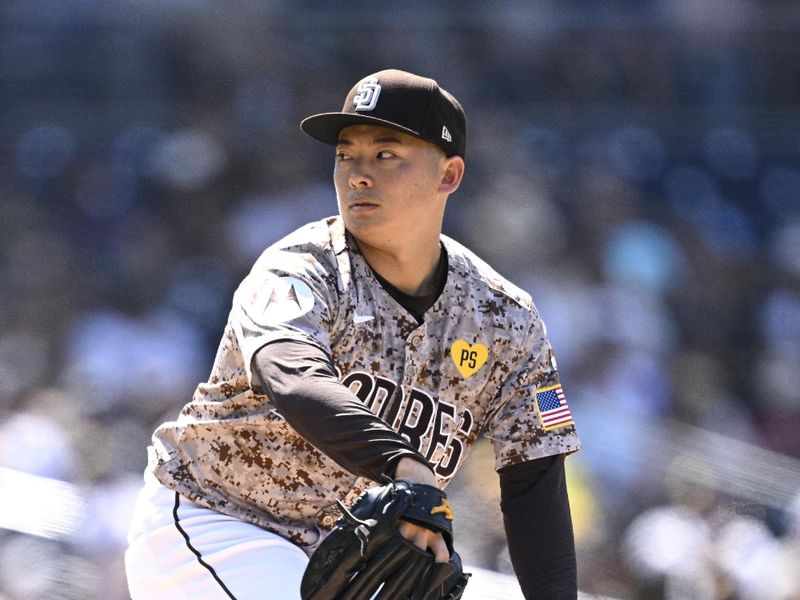 Jul 14, 2024; San Diego, California, USA; San Diego Padres relief pitcher Yuki Matsui (1) pitches against the Atlanta Braves during the ninth inning at Petco Park. Mandatory Credit: Orlando Ramirez-USA TODAY Sports