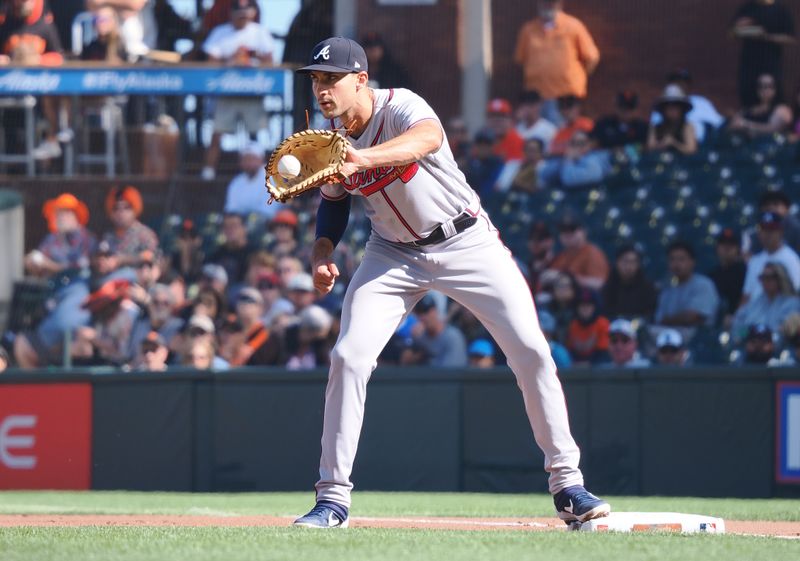 Aug 27, 2023; San Francisco, California, USA; Atlanta Braves first baseman Matt Olson (28) catches the ball for an out against the San Francisco Giants during the first inning at Oracle Park. Mandatory Credit: Kelley L Cox-USA TODAY Sports