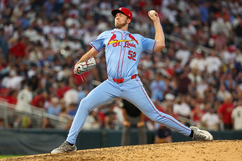 Aug 24, 2024; Minneapolis, Minnesota, USA; St. Louis Cardinals pitcher Matthew Liberatore (52) delivers a pitch against the Minnesota Twins during the seventh inning at Target Field. Mandatory Credit: Matt Krohn-USA TODAY Sports