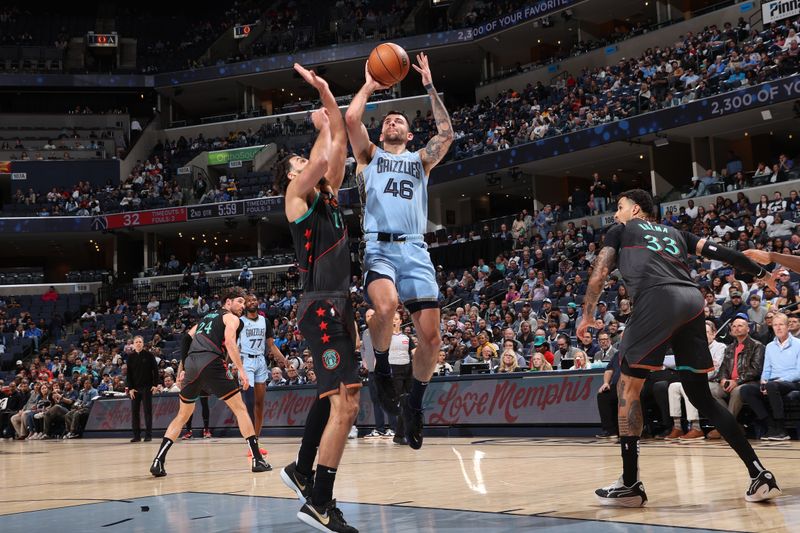 MEMPHIS, TN - MARCH 12: John Konchar #46 of the Memphis Grizzlies shoots the ball during the game against the Washington Wizards on March 12, 2024 at FedExForum in Memphis, Tennessee. NOTE TO USER: User expressly acknowledges and agrees that, by downloading and or using this photograph, User is consenting to the terms and conditions of the Getty Images License Agreement. Mandatory Copyright Notice: Copyright 2024 NBAE (Photo by Joe Murphy/NBAE via Getty Images)