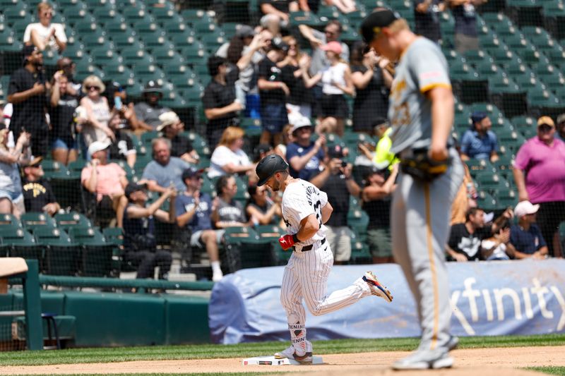 Jul 14, 2024; Chicago, Illinois, USA; Chicago White Sox outfielder Andrew Benintendi (23) rounds the bases after hitting a solo home run against the Pittsburgh Pirates during the third inning at Guaranteed Rate Field. Mandatory Credit: Kamil Krzaczynski-USA TODAY Sports