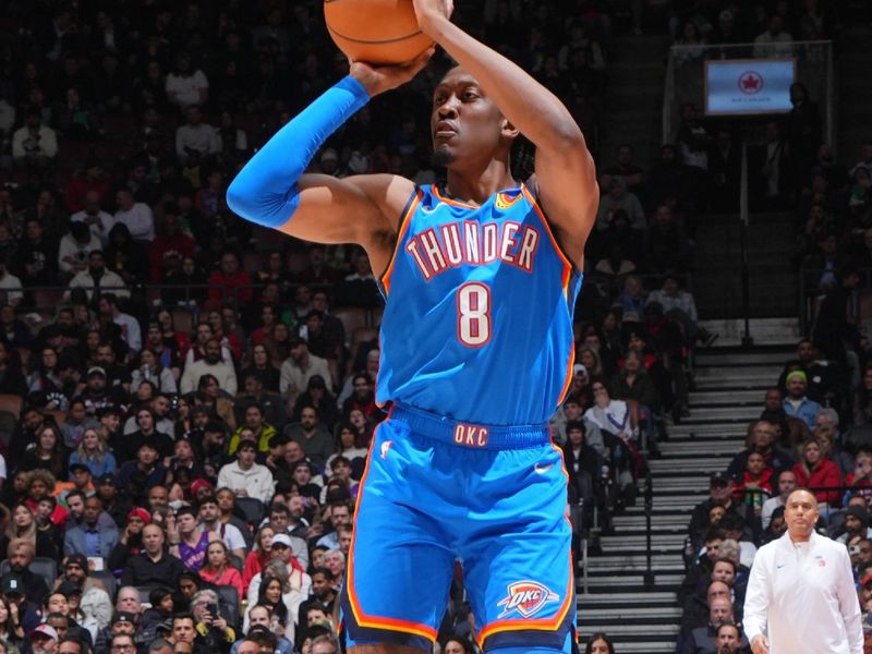 TORONTO, CANADA - DECEMBER 05: Jalen Williams #8 of the Oklahoma City Thunder shoots the ball during the game against the Toronto Raptors on December 05, 2024 at the Scotiabank Arena in Toronto, Ontario, Canada.  NOTE TO USER: User expressly acknowledges and agrees that, by downloading and or using this Photograph, user is consenting to the terms and conditions of the Getty Images License Agreement.  Mandatory Copyright Notice: Copyright 2024 NBAE (Photo by Mark Blinch/NBAE via Getty Images)