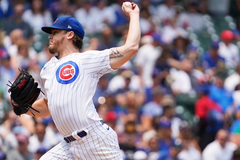 Jul 16, 2023; Chicago, Illinois, USA; Chicago Cubs starting pitcher Justin Steele (35) throws the ball against the Boston Red Sox during the first inning at Wrigley Field. Mandatory Credit: David Banks-USA TODAY Sports